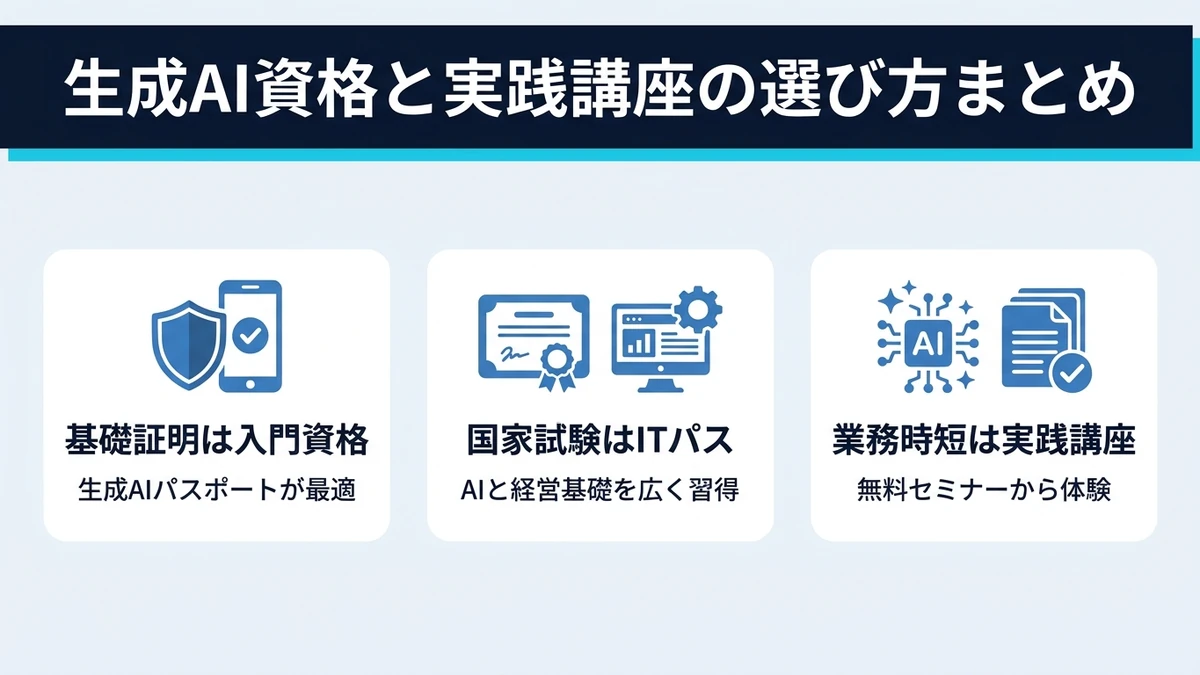 社会人向け生成AI資格の選び方と実務時短を叶える3つの結論まとめインフォグラフィック